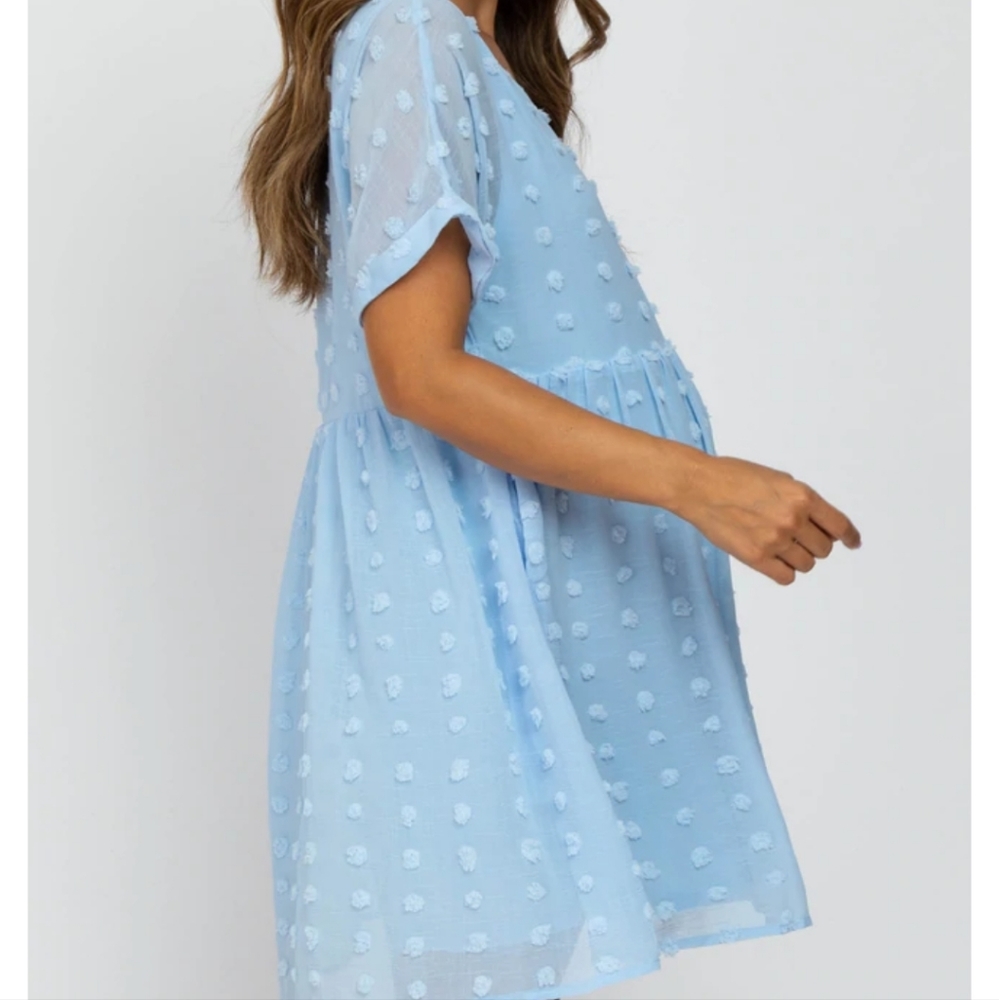 Pinkblush Light Blue V Neck Textured Swiss Dot Maternity Mini Dress Size Medium - Picture 4 of 10
